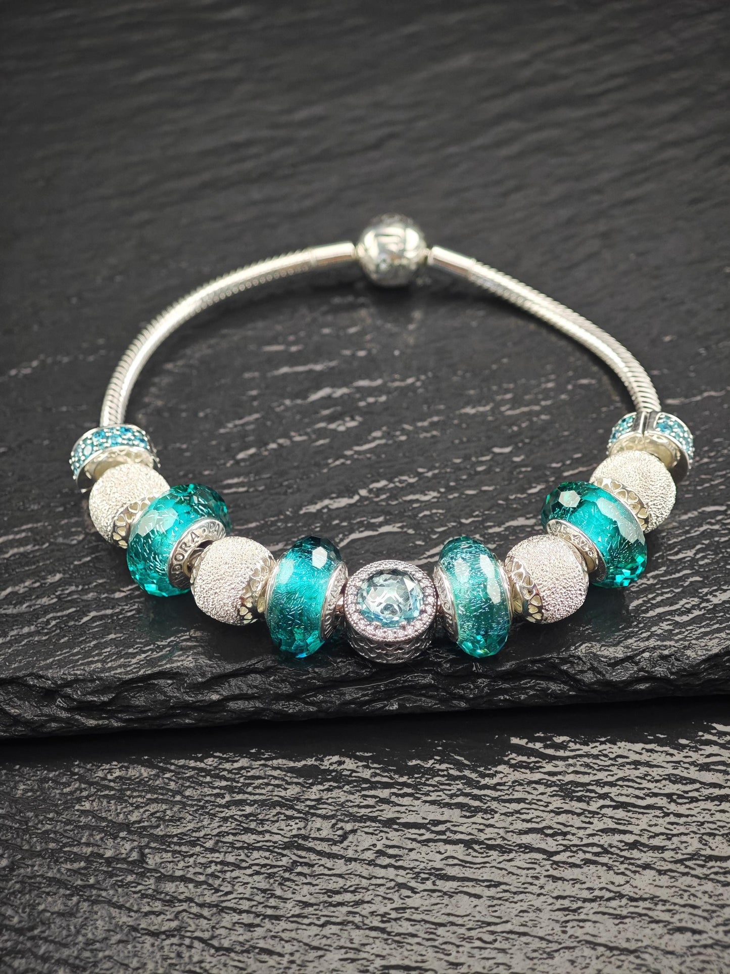 Vintage Pandora Teal 11 Charm Bracelet Murano Sterling Silver