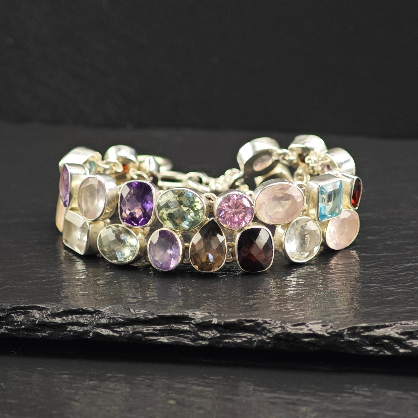 AS IS Multi Gemstone Link Bracelet Sterling Silver