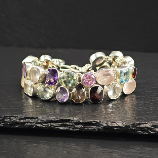 AS IS Multi Gemstone Link Bracelet Sterling Silver