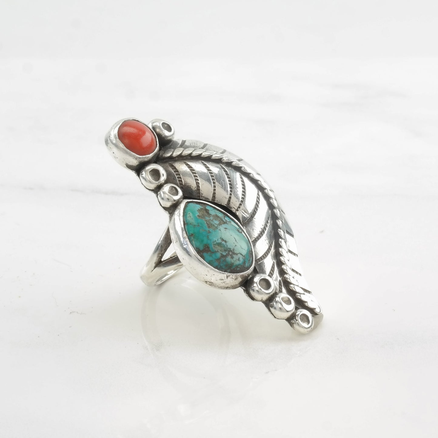 Vintage Native American Ring Turquoise, Coral Feather Sterling Silver Size 7 3/4