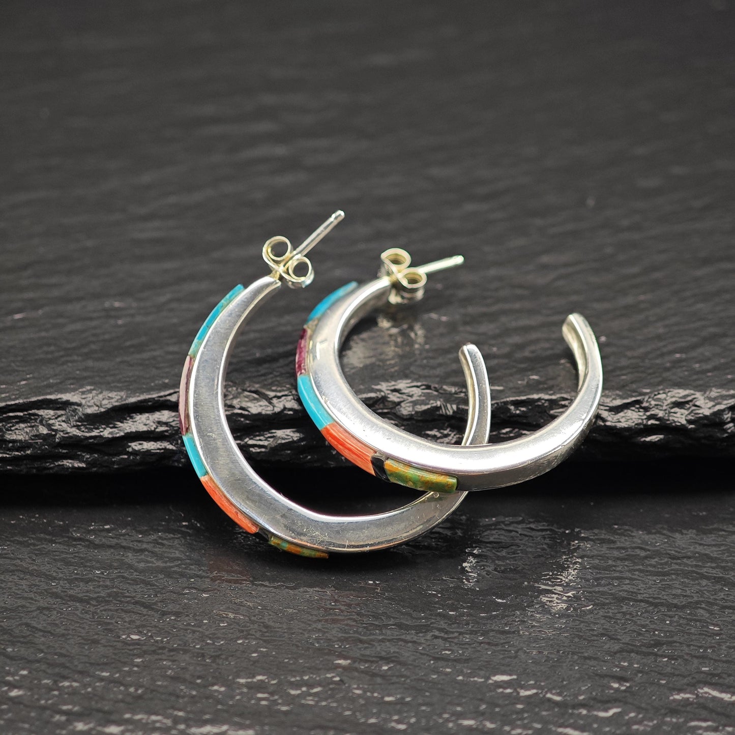 Southwest Turquoise, Coral Inlay Stud/Hoop Earrings Sterling Silver