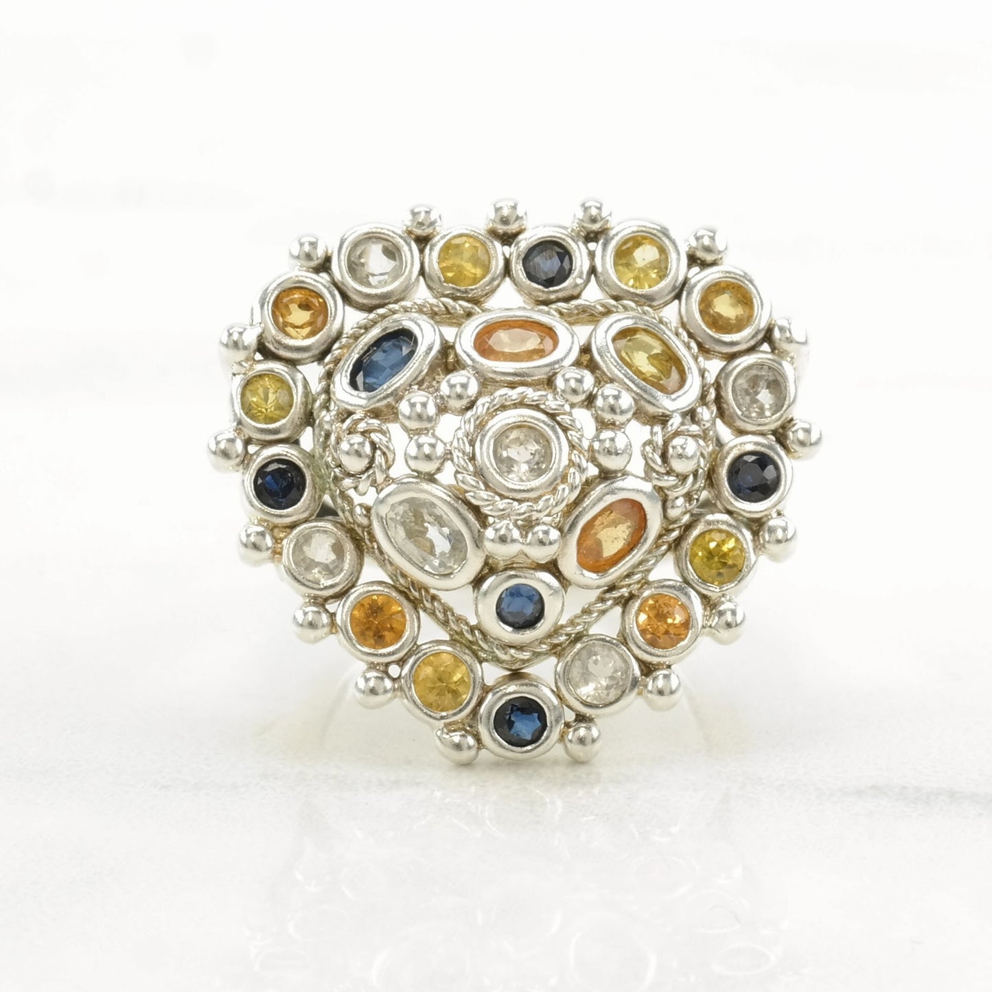 Vintage Sterling Silver Ring Citrine, Topaz, Sapphire Heart Size 7