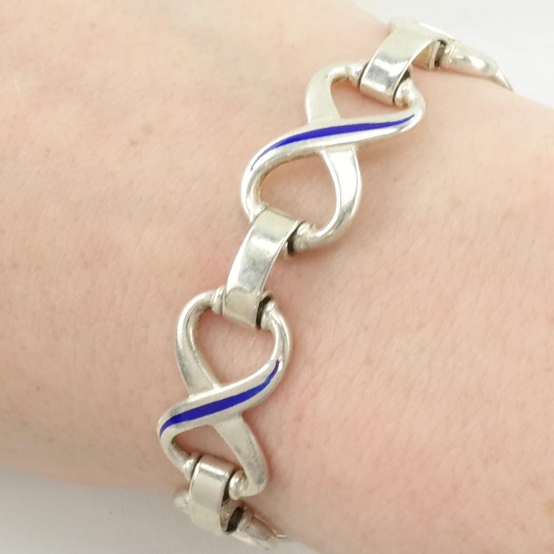 Vintage Italy Sterling Silver Link Bracelet Blue Enamel Figure 8