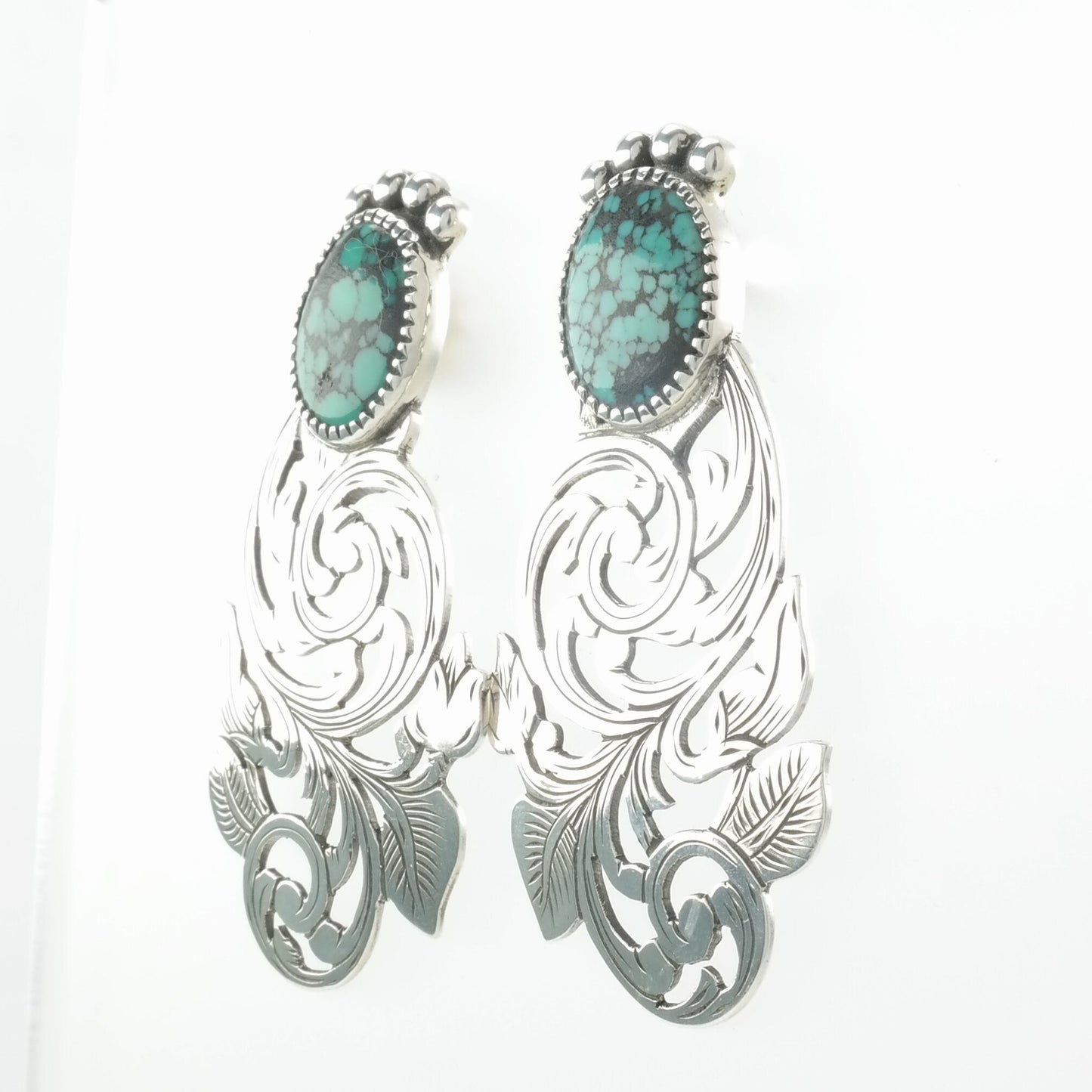 Sterling Silver Blue Turquoise Floral, Leaf Earrings Stud