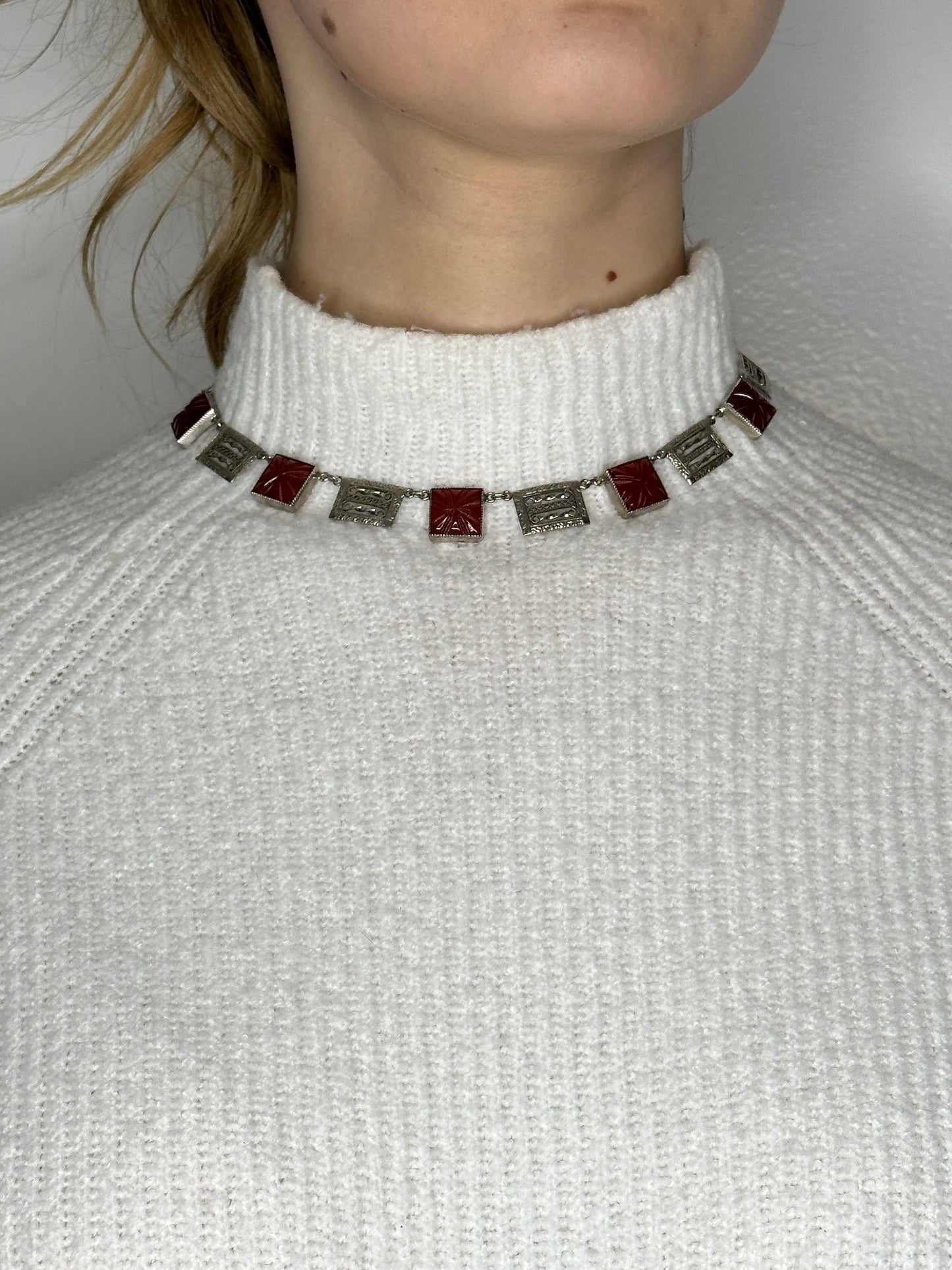 Vintage Modernist Sterling Silver Carved Glass Filigree Necklace