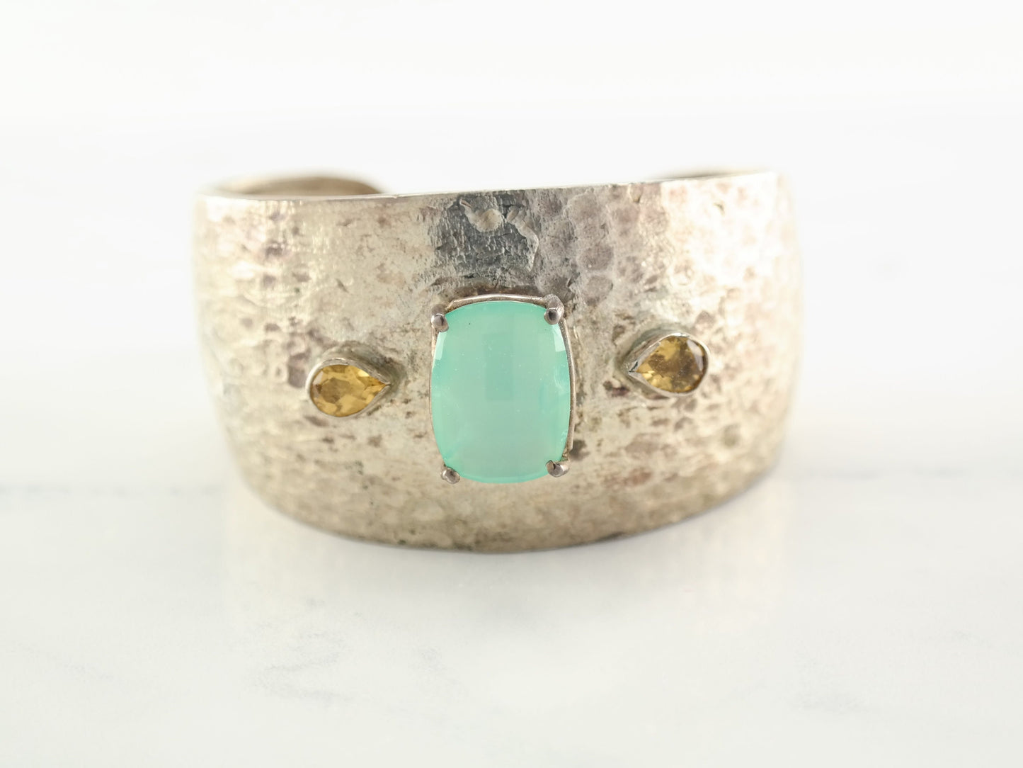Vintage Hammered Sterling Silver Cuff with Citrine and Chalcedony