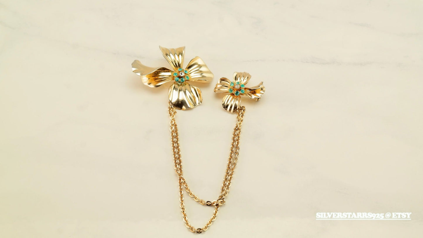 Sterling Silver Gold Plated Blue CZ Flowers Brooch