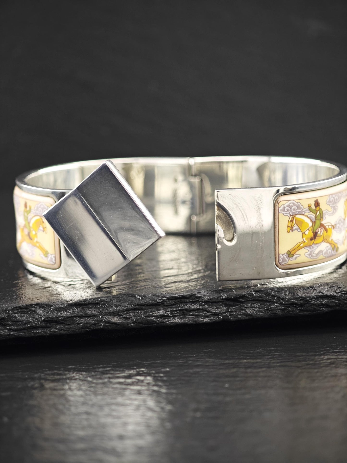 Rare Hermes Equestrian Bangle Bracelet Sterling Silver Porcelain Vintage