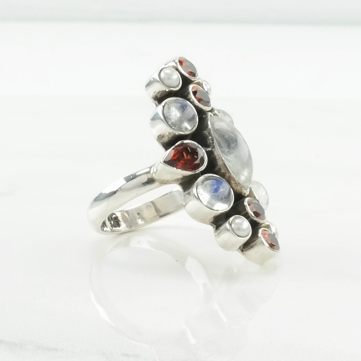 Vintage Nicky Butler Silver Ring Moonstone, Garnet Cluster Sterling Size 7 1/4