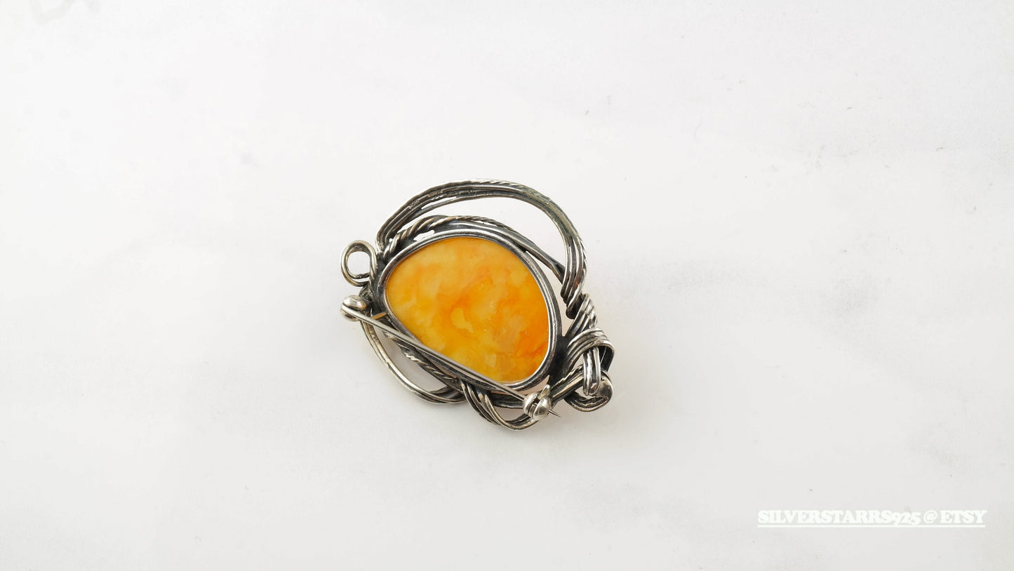 Modernist Sterling Silver Amber Brooch Pendant
