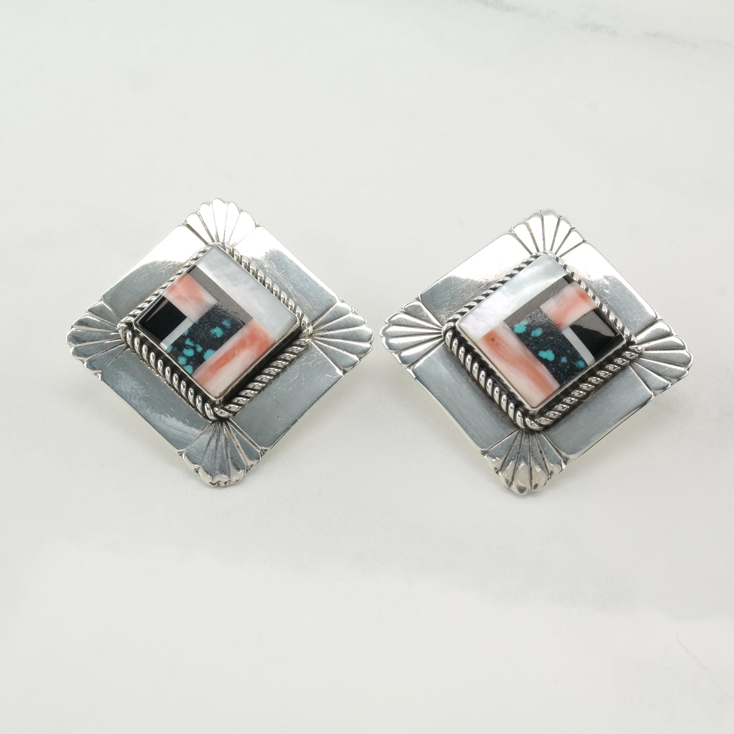 Vintage Inlay Sterling Silver Stud Earrings
