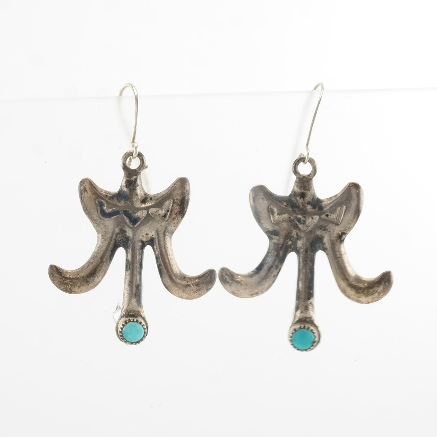 Native American Sterling Silver Turquoise Stamped, Sandcast, Earrings Fish Hook, Dangle