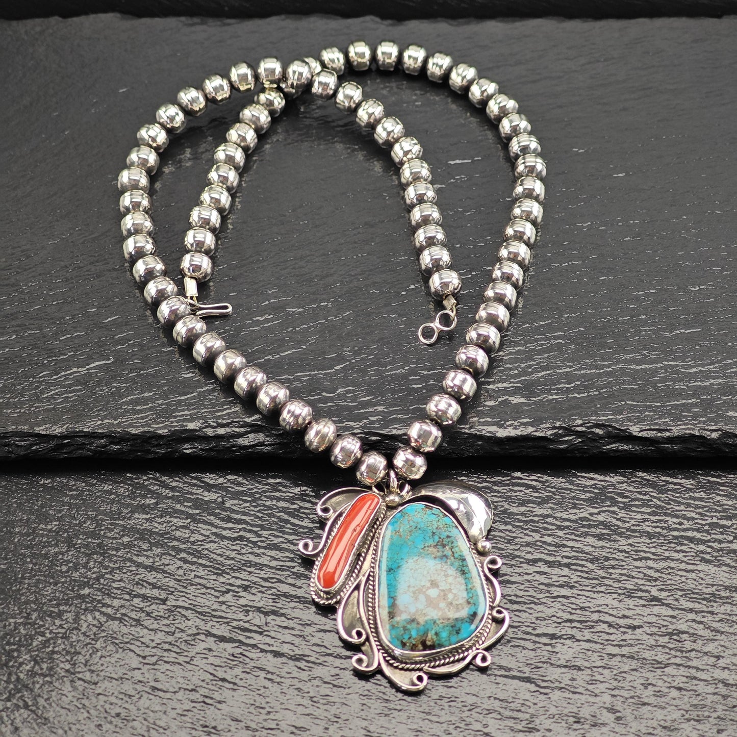 Native American Turquoise, Coral Beaded Necklace in Sterling Silver