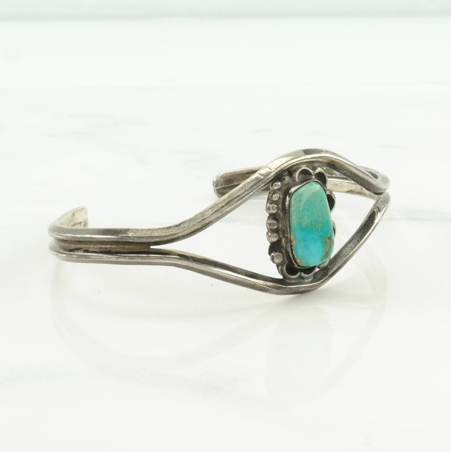 Vintage Southwest Sterling Silver Cuff Bracelet Blue Turquoise Floral