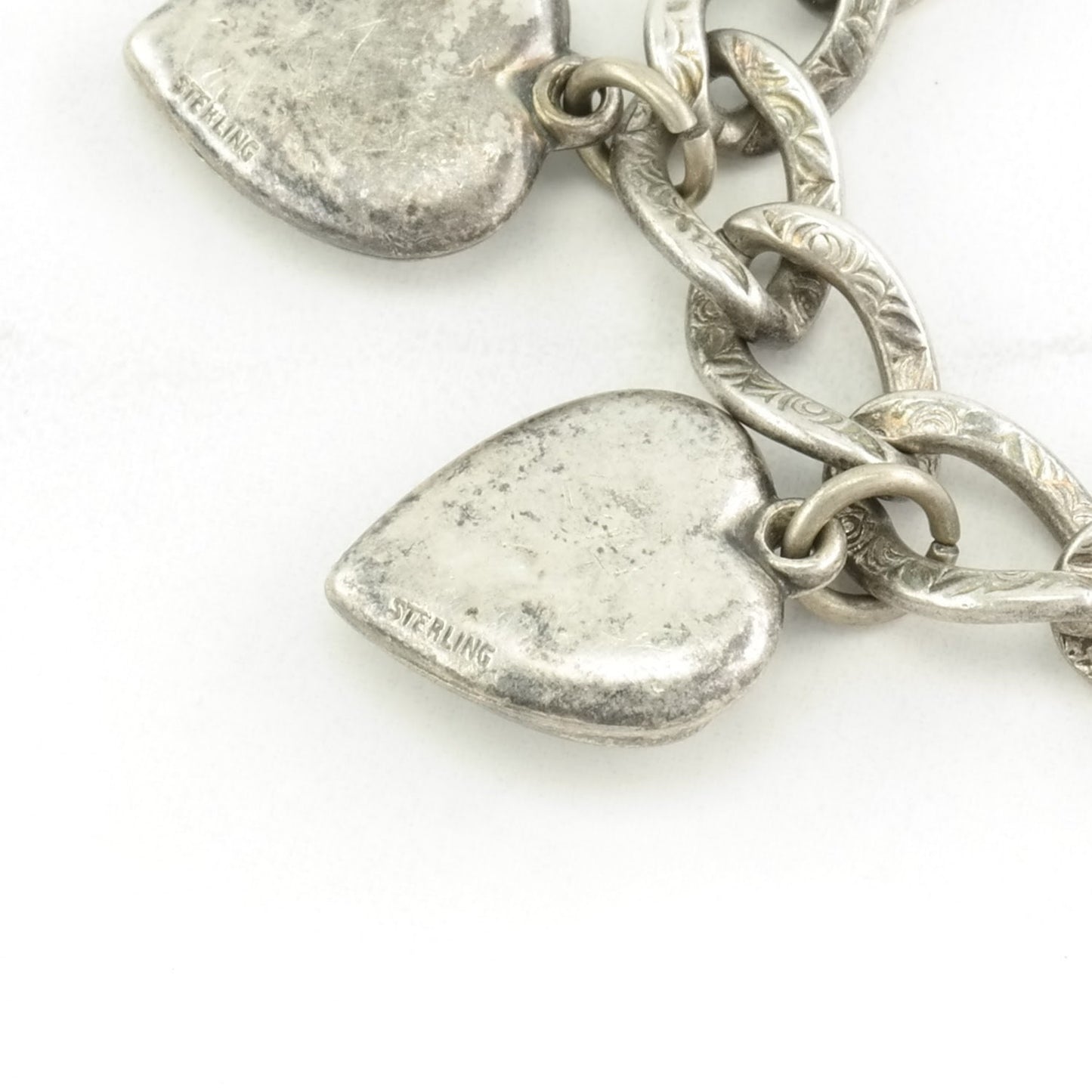 Victorian Sterling Silver Link Bracelet with Heart Charms, Circa 1910