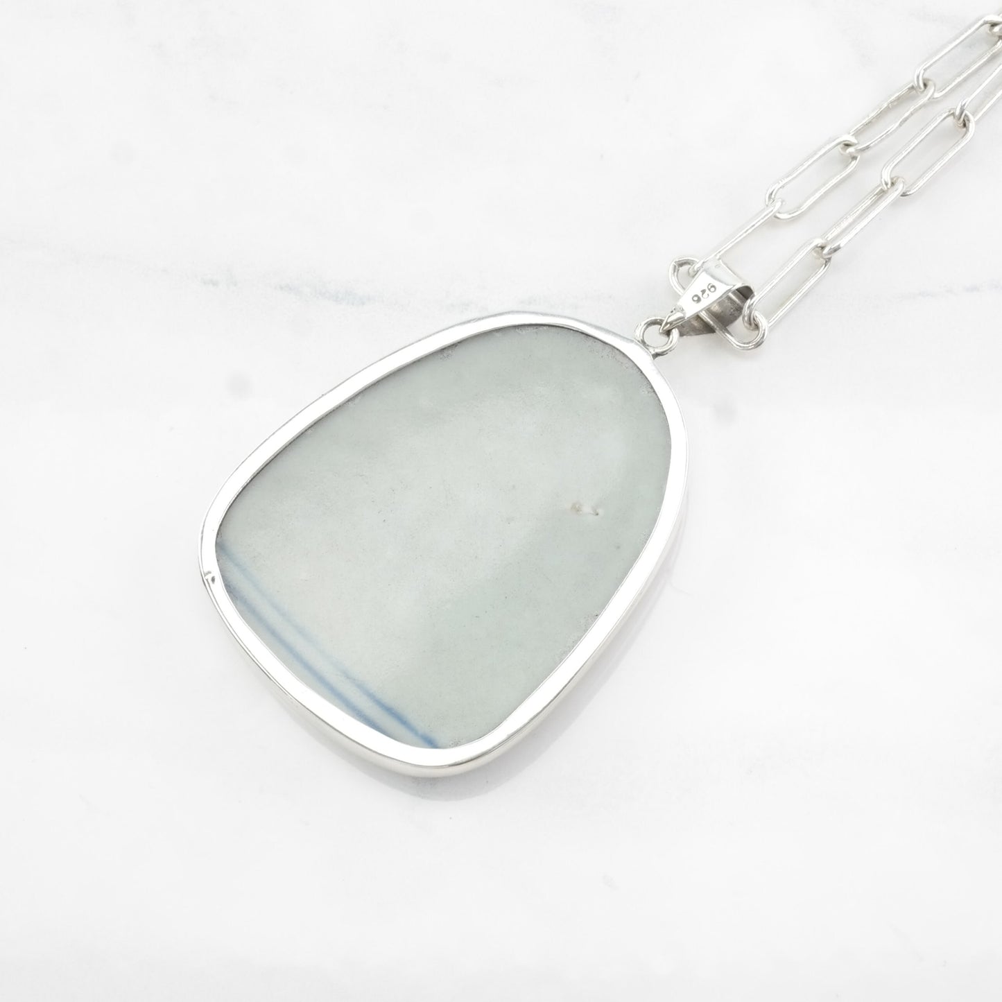 Vintage Chinese Sterling Silver Blue, White Painted Porcelain Trees Necklace