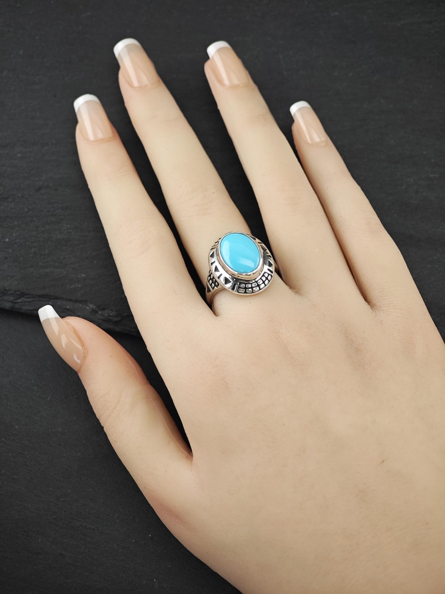 Vintage Oval Block Turquoise Ring Sterling Silver
