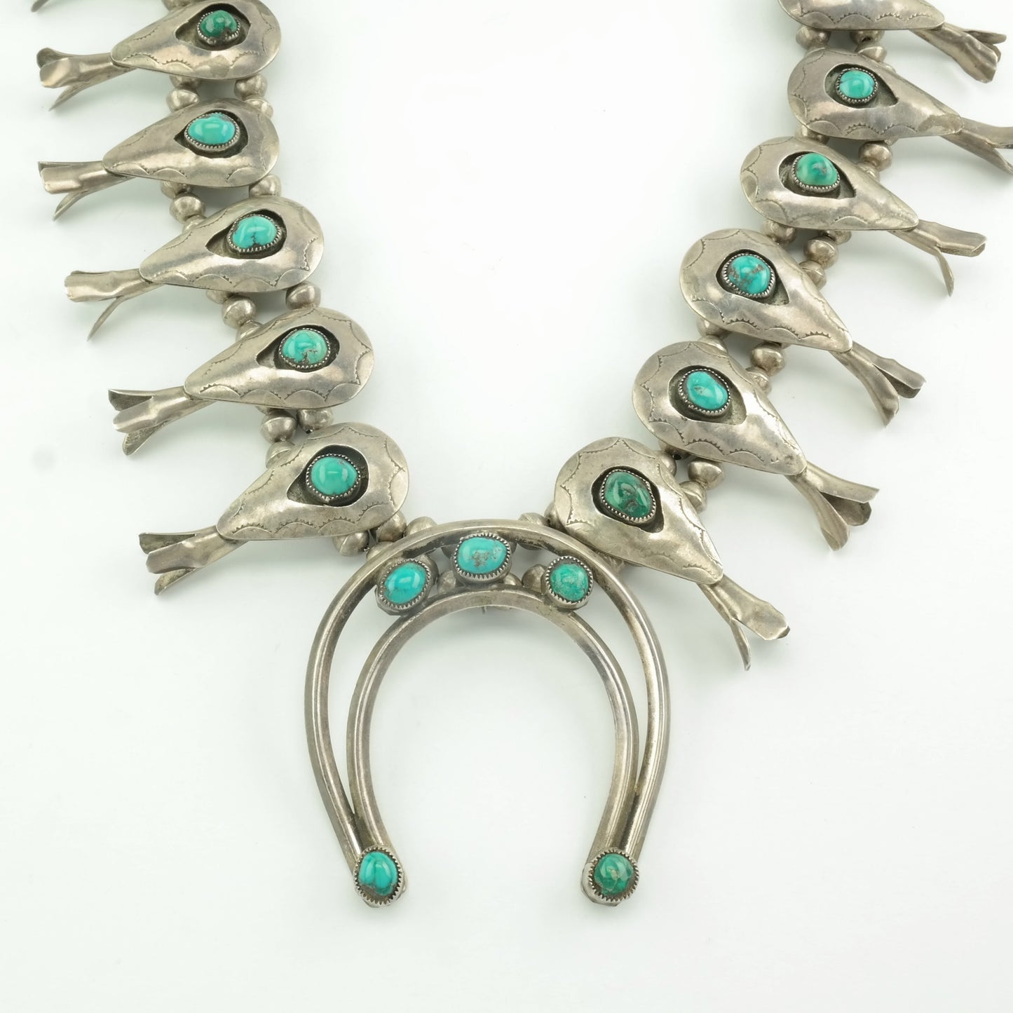 Vintage Native American Sterling Silver Turquoise Shadowbox, Stamped Necklace Squash Blossom