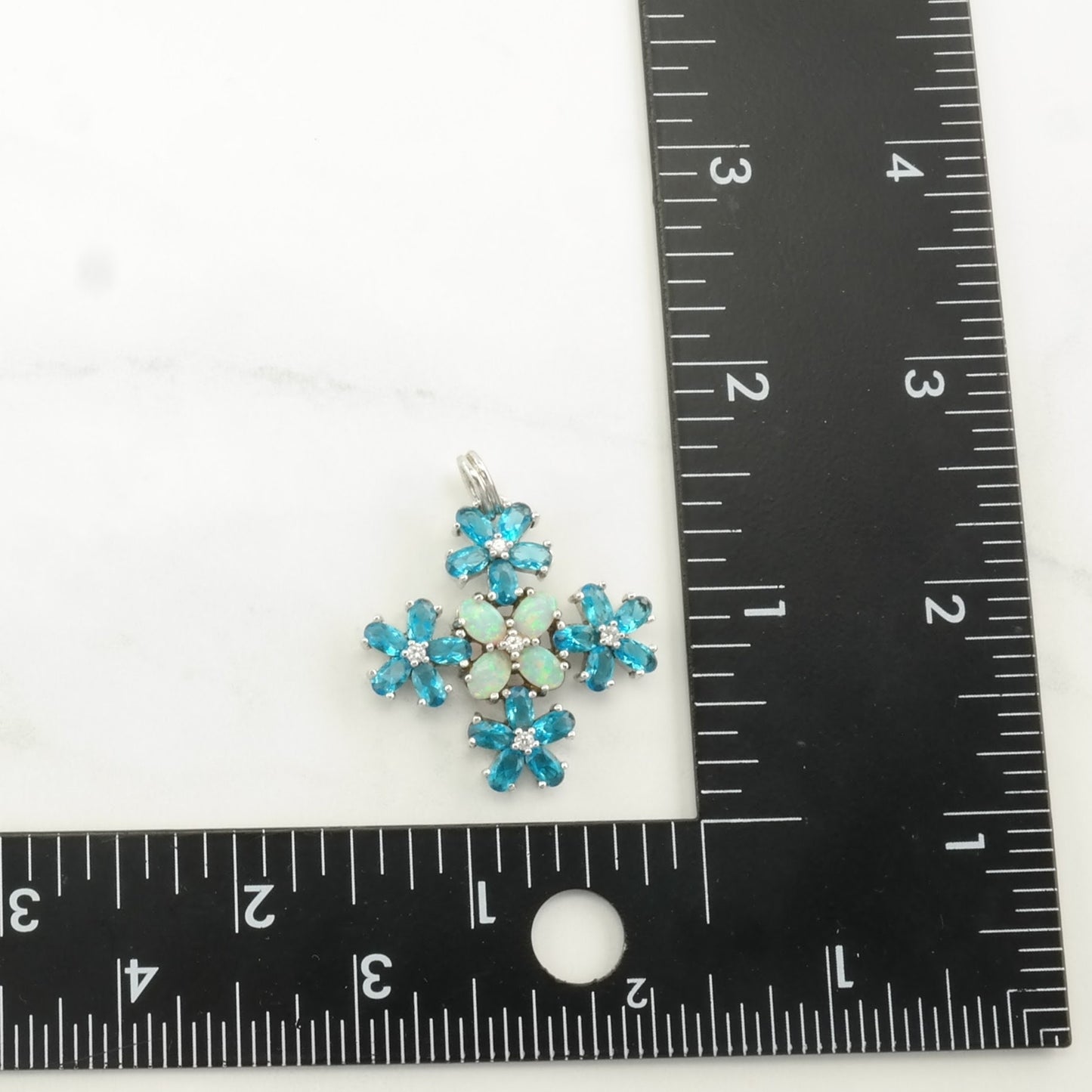 Vintage Lab Opal, Topaz, Diamond, Lab Ruby Floral, Cross Sterling Silver Pendant