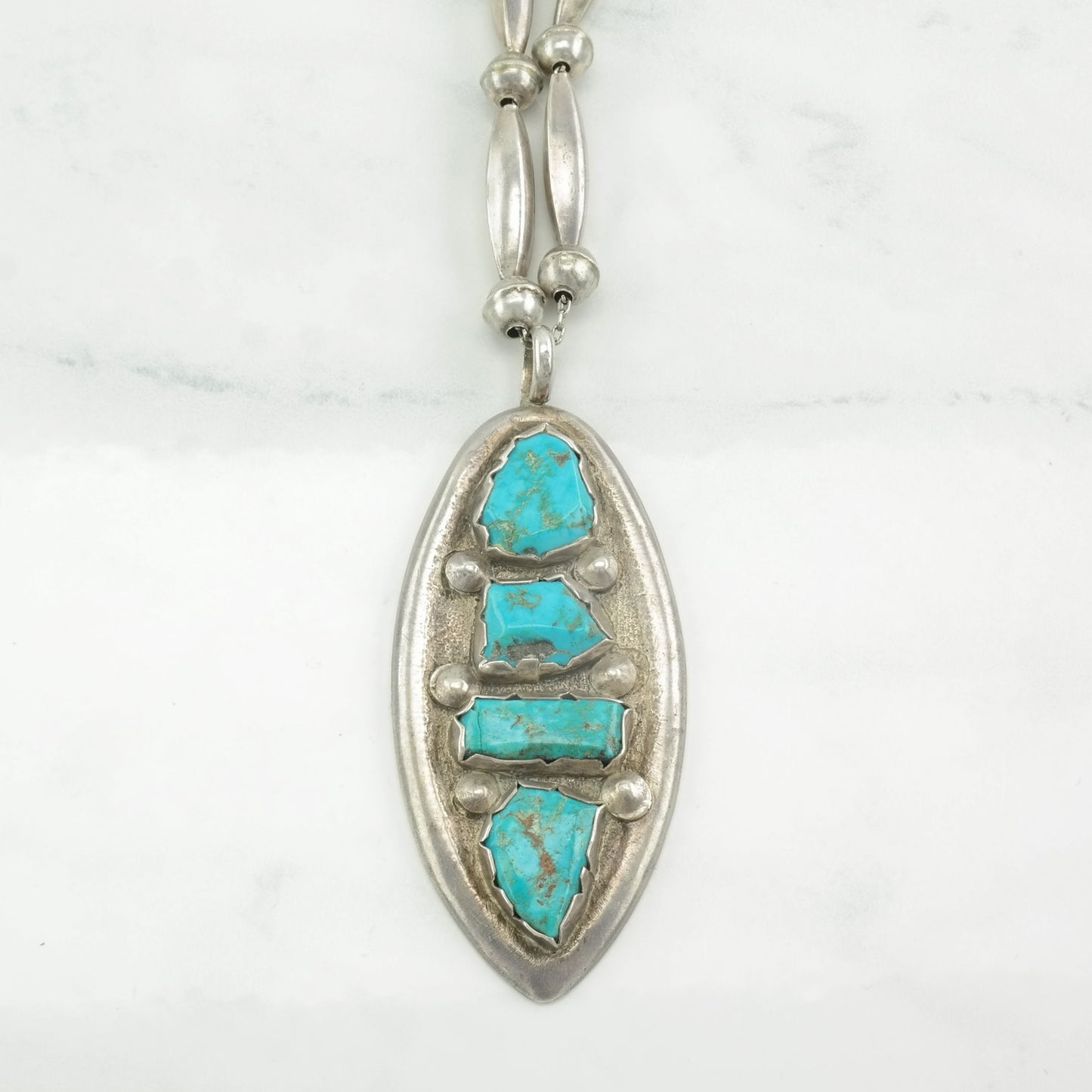 Vintage Native American Sterling Silver Turquoise Beaded Necklace