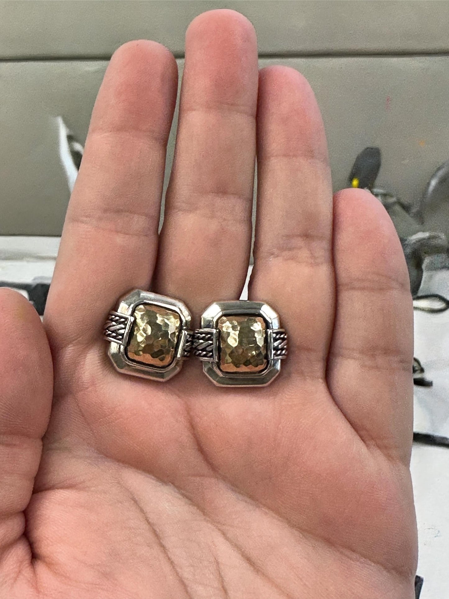 Vintage Sterling Silver 14K Gold Hammered Earrings | 925 Clip-Ons | 1990s | Riz