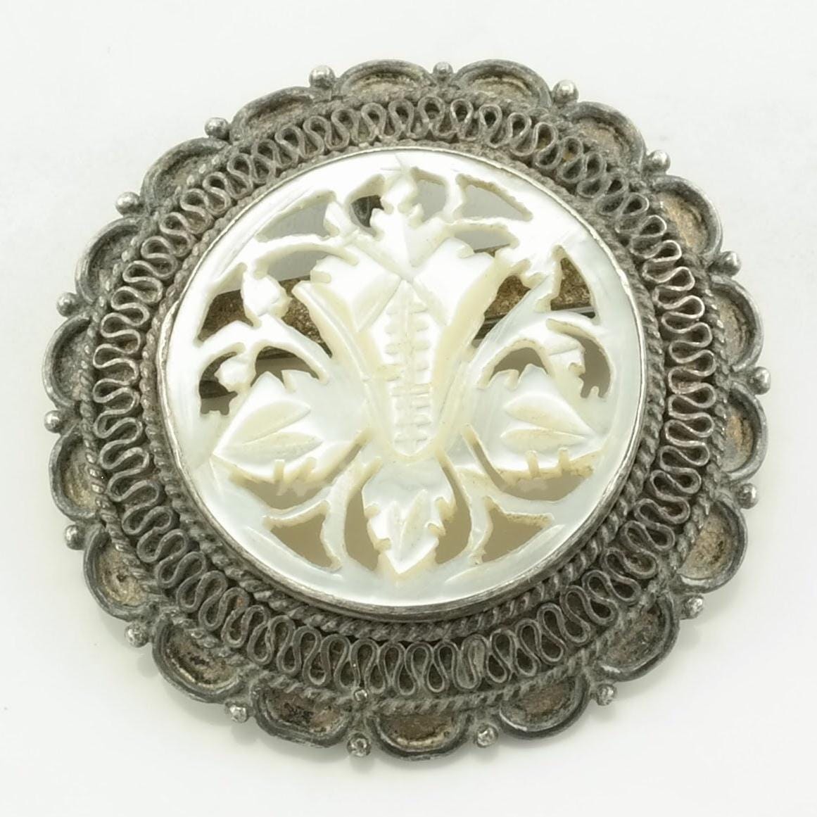 Vintage MOP Carved, Flower Sterling Silver Pendant