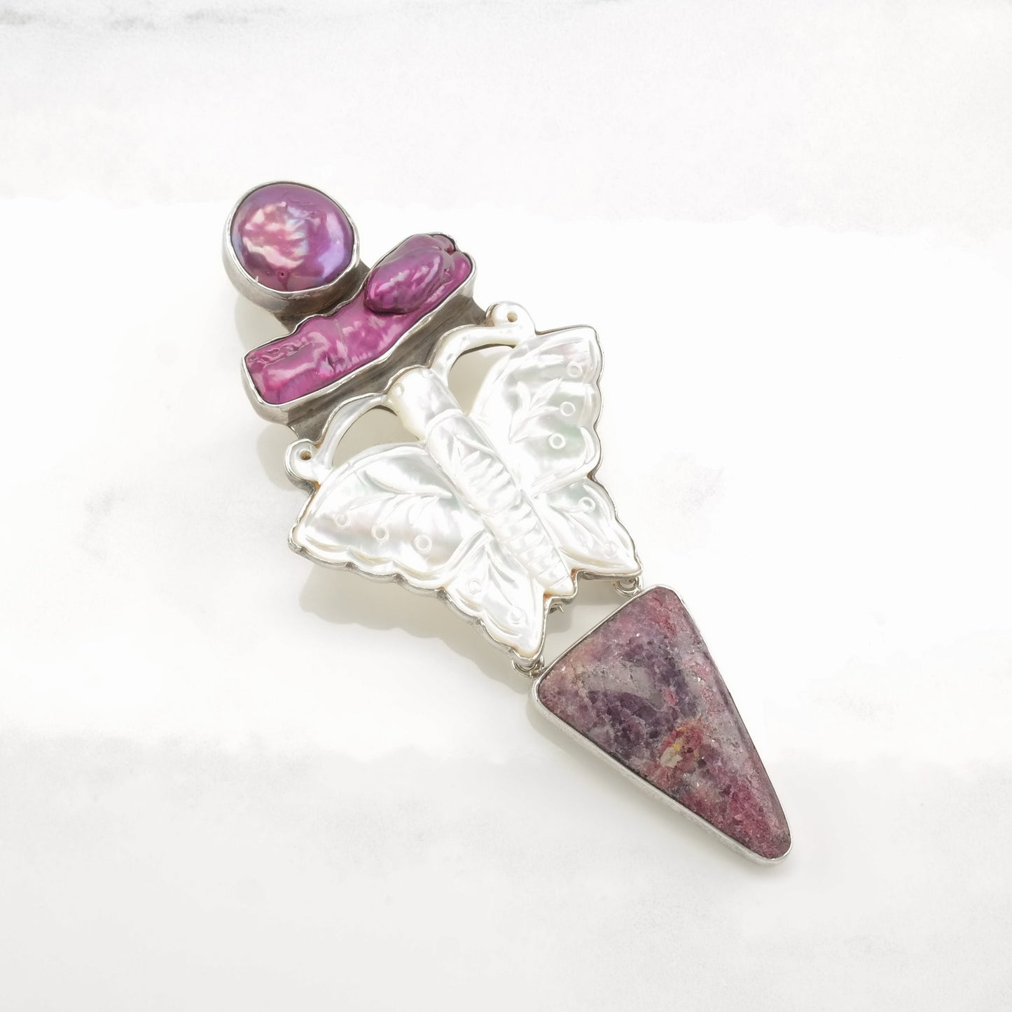 Vintage AKR Sterling Silver, Carved Mother-of-Pearl Butterfly, Sugilite, and Freshwater Pearl Pendant, Designer Signed, Statement Pendant