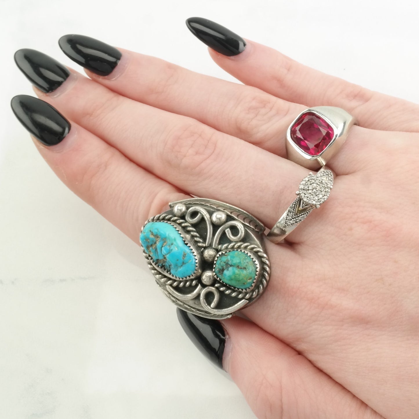 Vintage Native American Silver Ring Turquoise Leaf Sterling Blue Size 11 3/4