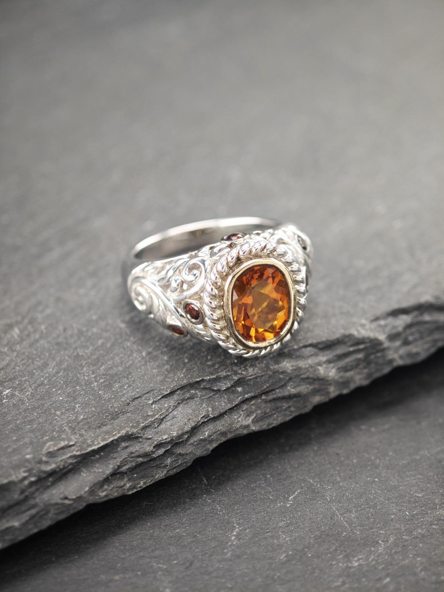 Citrine, Garnet, Gold Bezel Ring Sterling Silver