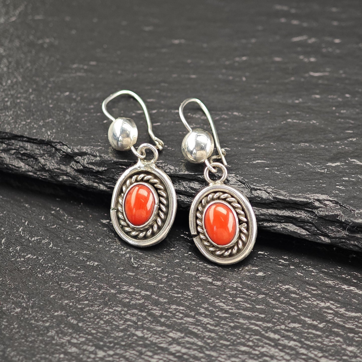 Native American Red Coral Oval Kidney Wire Earrings Sterling Silver