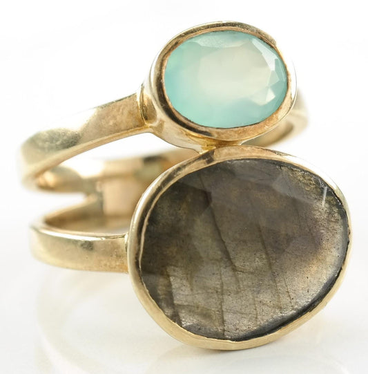 Vintage Sterling Silver Ring Labradorite Chrysoprase Gold Plated Size 9 1/4