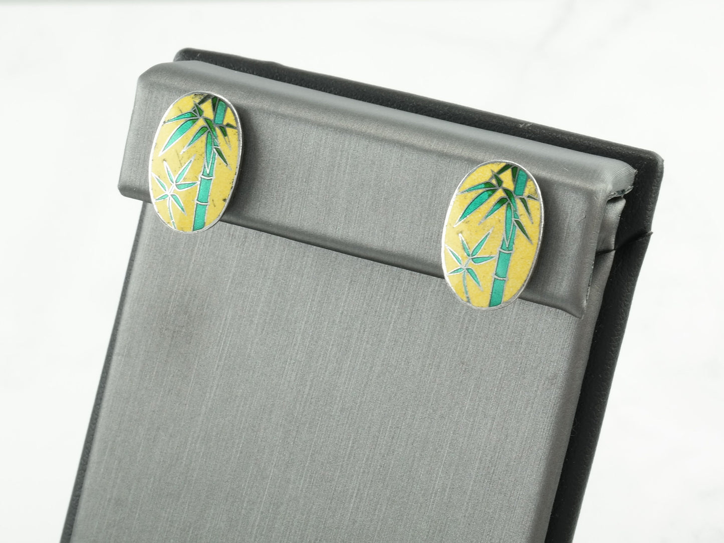 Vintage Enamel Bamboo Leaf Earrings Sterling Silver Screw Back/Clip On