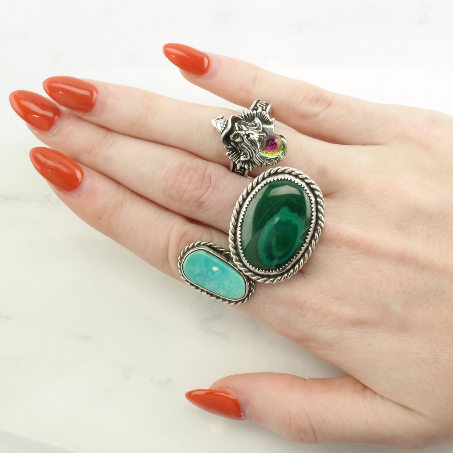 Vintage Sterling Silver Ring Malachite Large Green Size 9 1/4