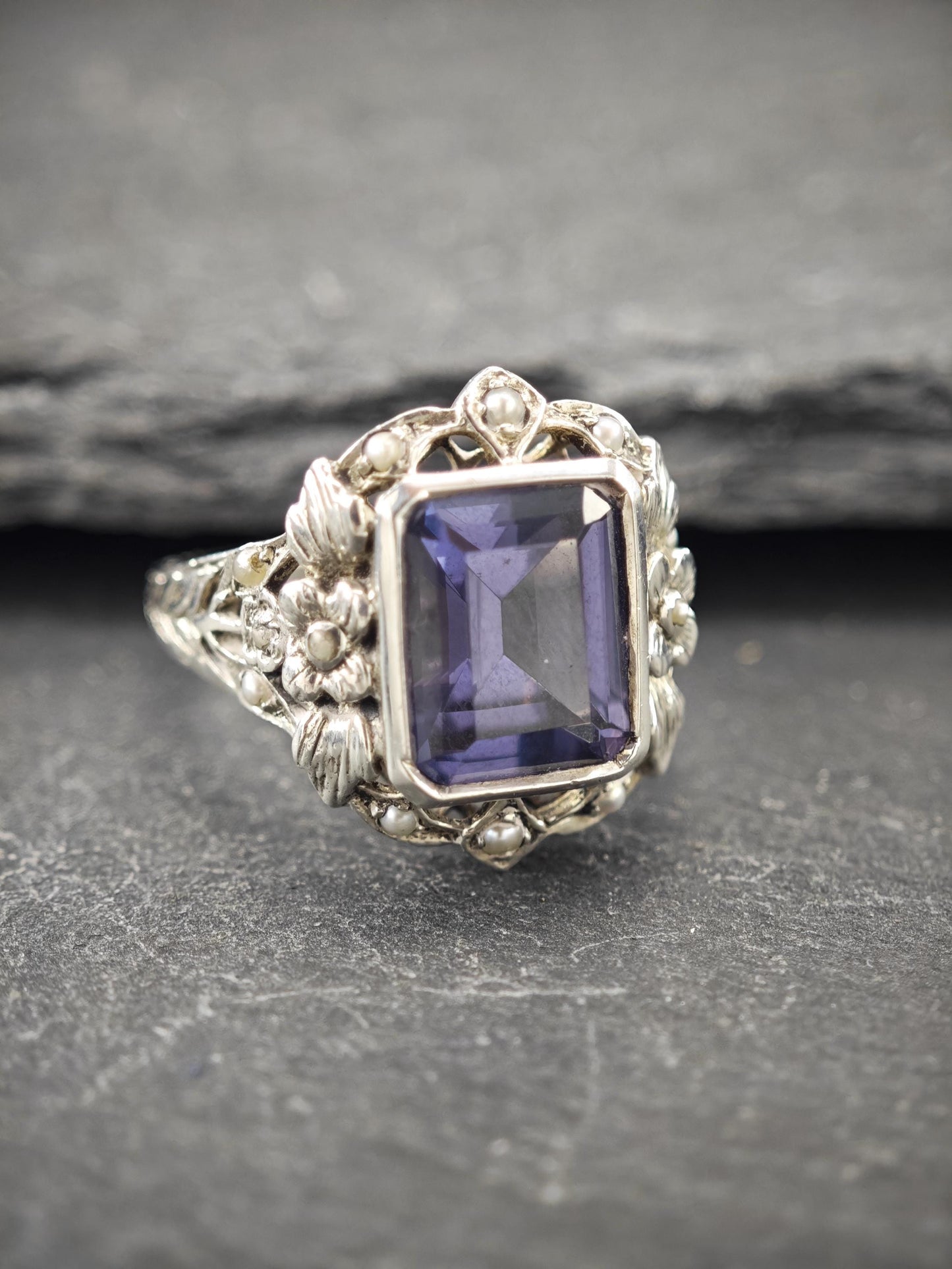 Art Deco Style, Syntehtic Alexandrite Ring Sterling Silver