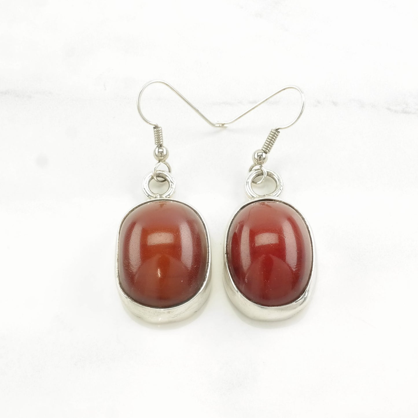 Vintage Sterling Silver Fish Hook Earrings Red Phenolic Resins "Amber"