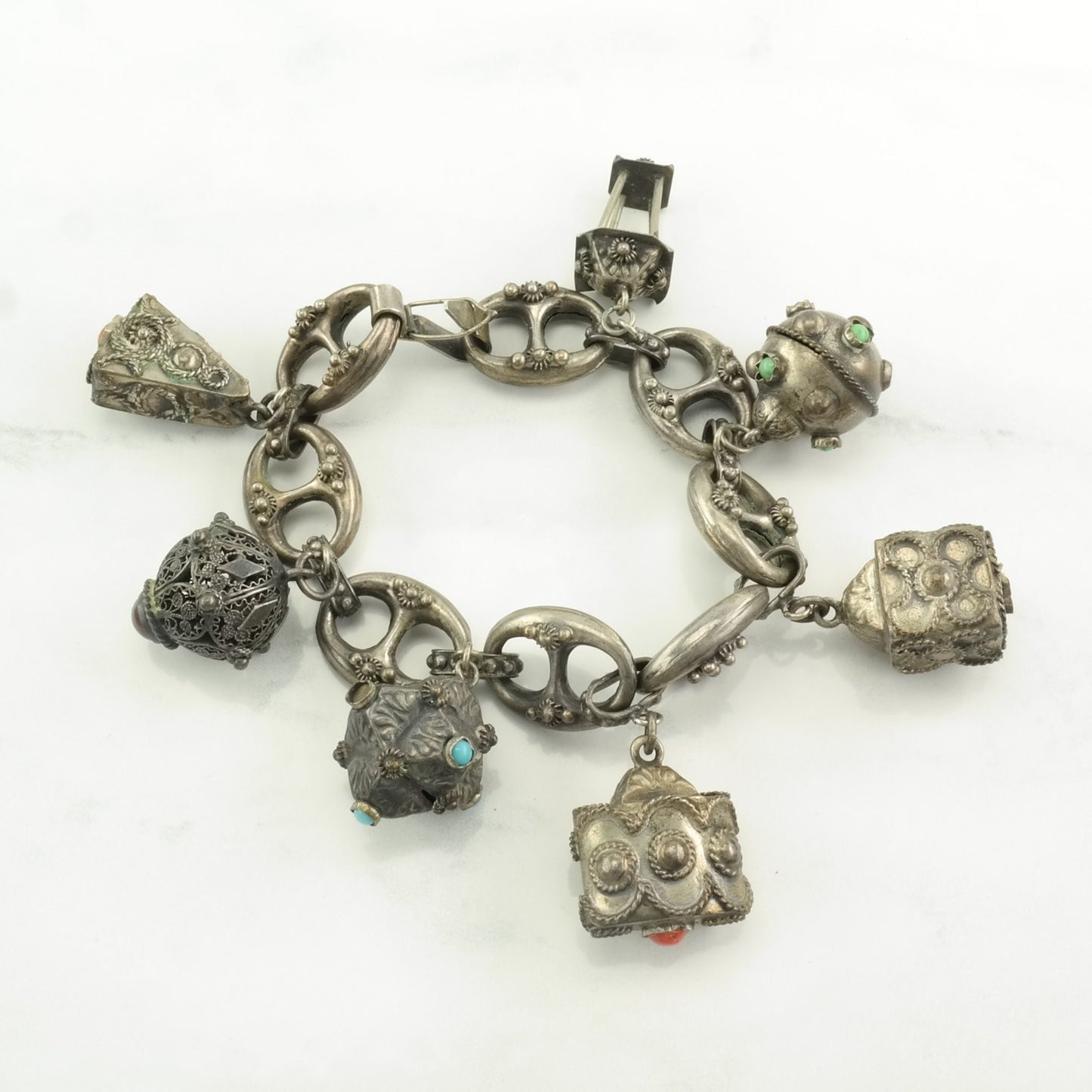Etruscan Revival Sterling Silver Charm Bracelet Faux Turquoise, Coral, Carnelian