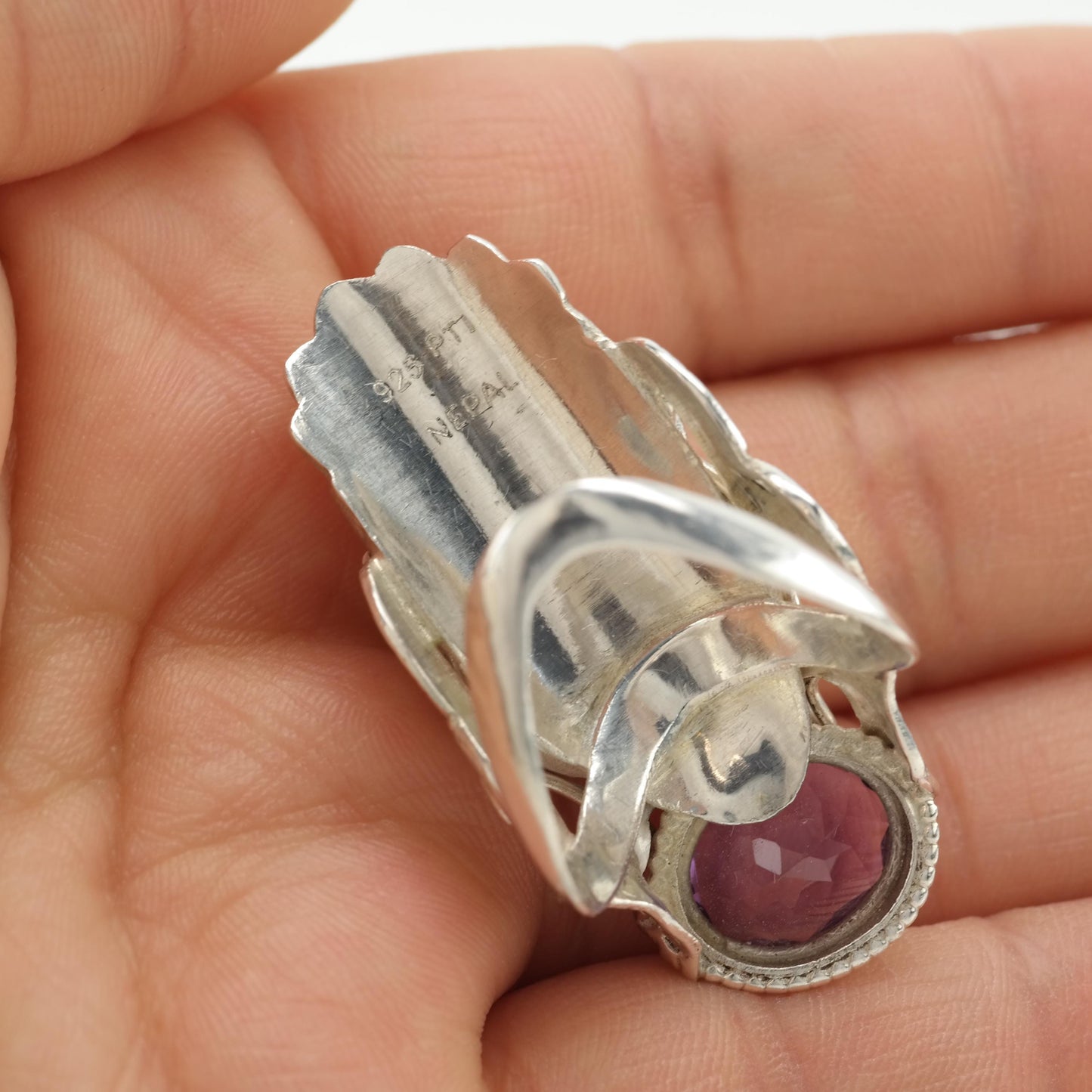 Vintage Large Nepal Amethyst Dragon Purple, Gold Tone Sterling Silver Ring Size 8 1/2