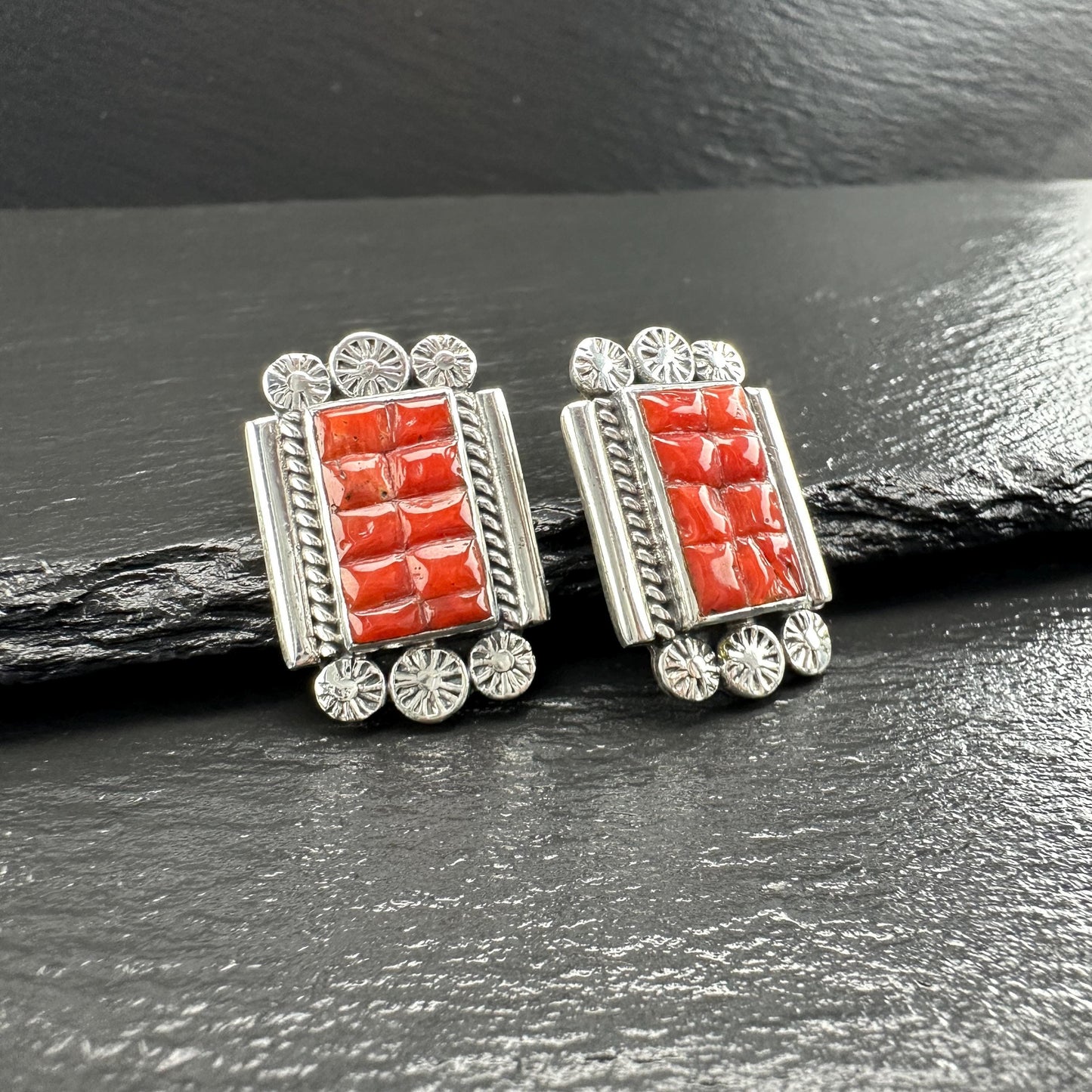 Southwest Red Coral Inlay Stud Earrings Sterling Silver