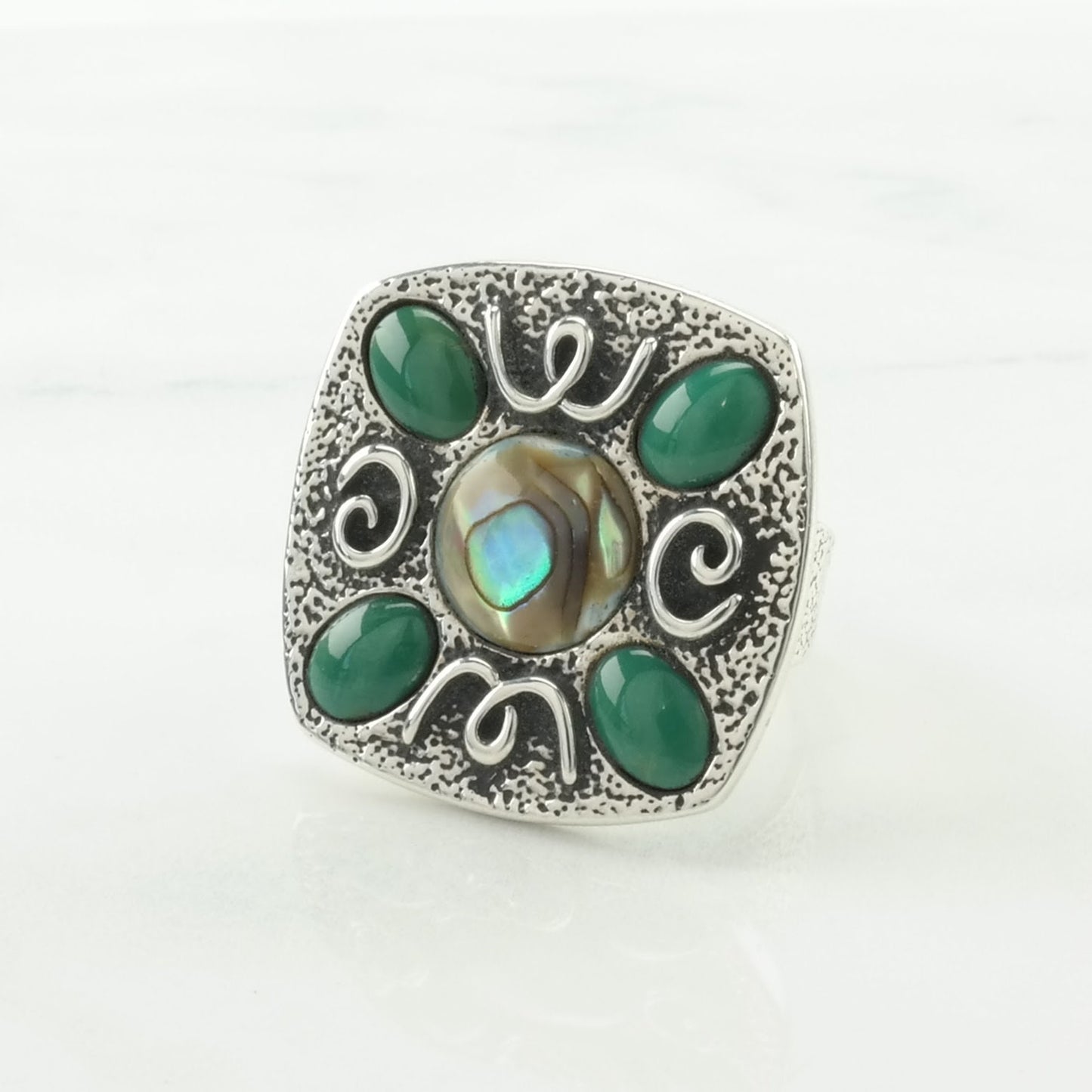 Vintage Carolyn Pollack Silver Ring Abalone, Turquoise Scroll Sterling Green Size 9