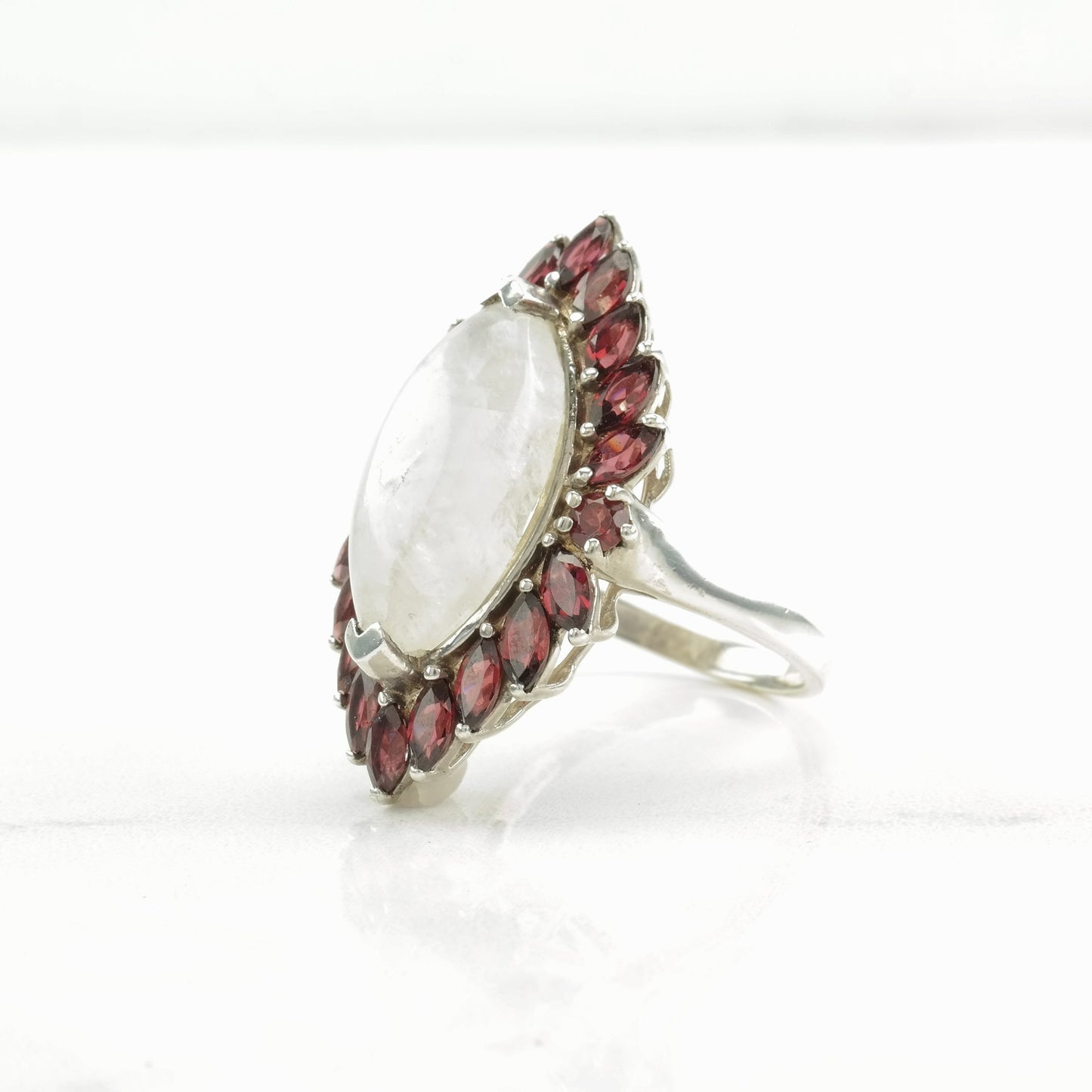 Vintage Sterling Silver Ring Moonstone, Garnet Pink Size 9