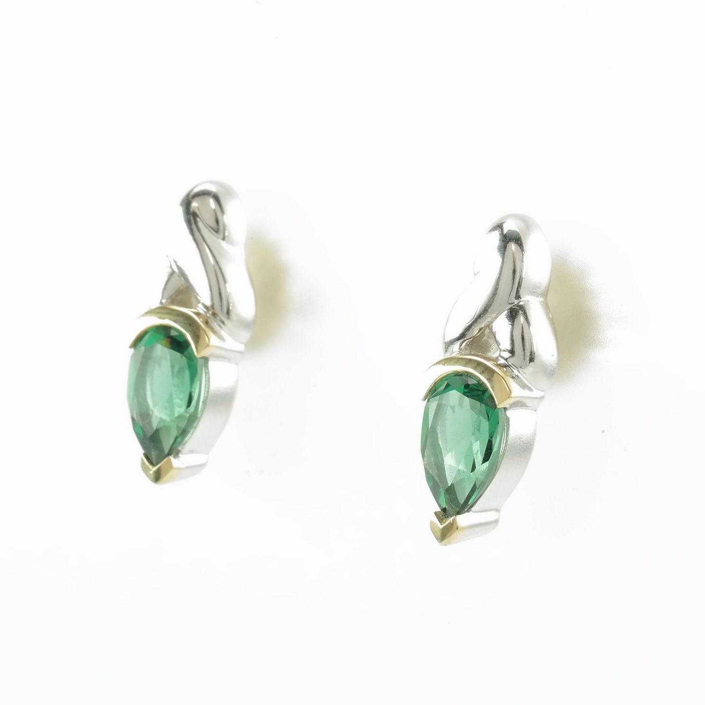 Vintage Sterling Silver Green Gemstone 18K Gold Earrings Stud