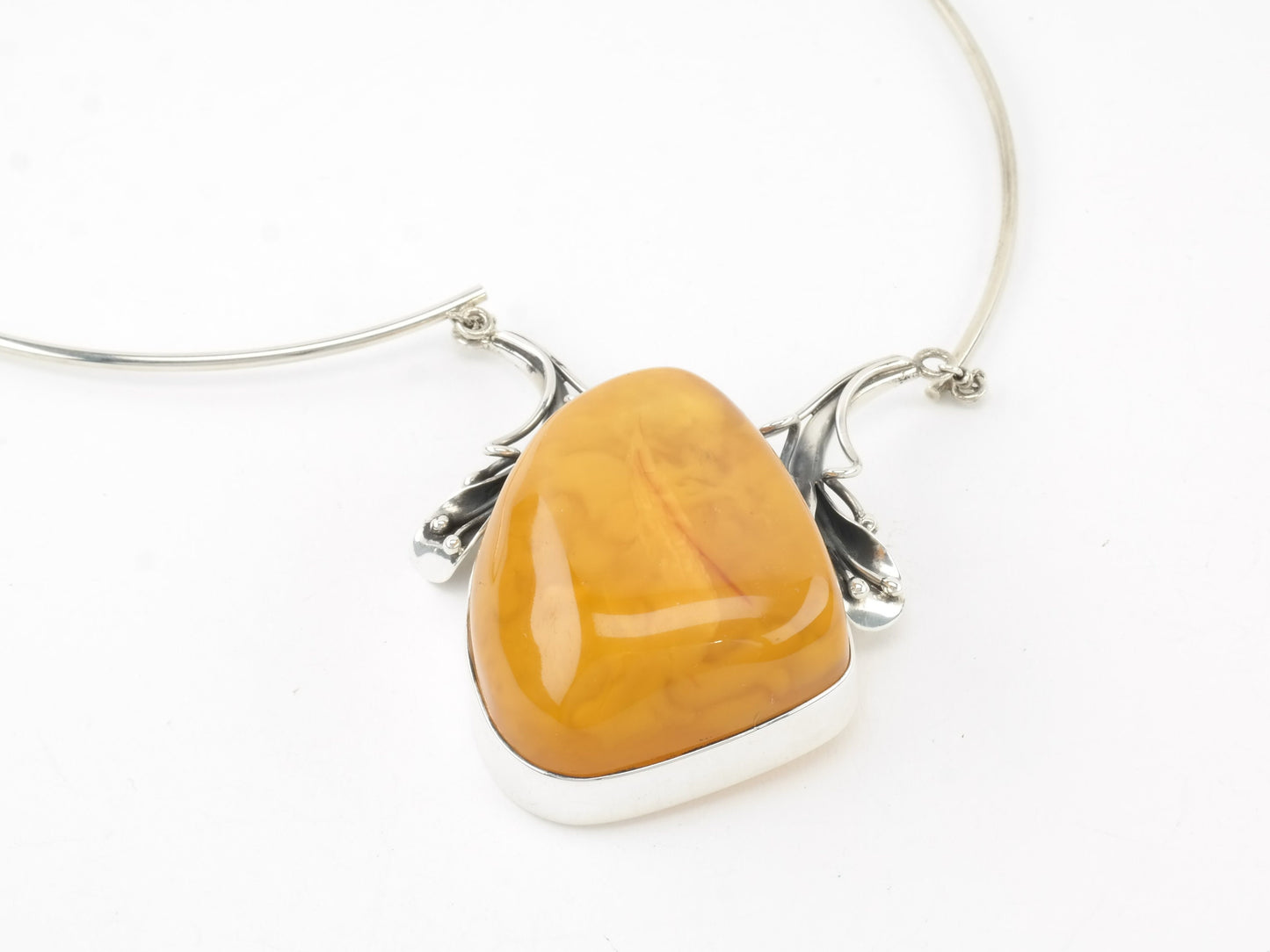 Vintage European Sterling Silver Yellow Amber Floral Necklace Choker