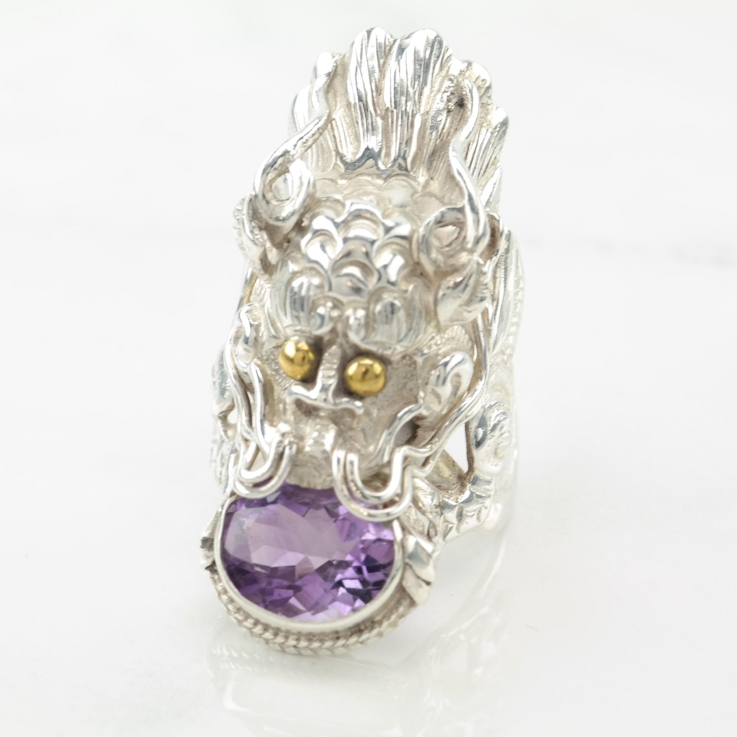 Vintage Large Nepal Amethyst Dragon Purple, Gold Tone Sterling Silver Ring Size 8 1/2
