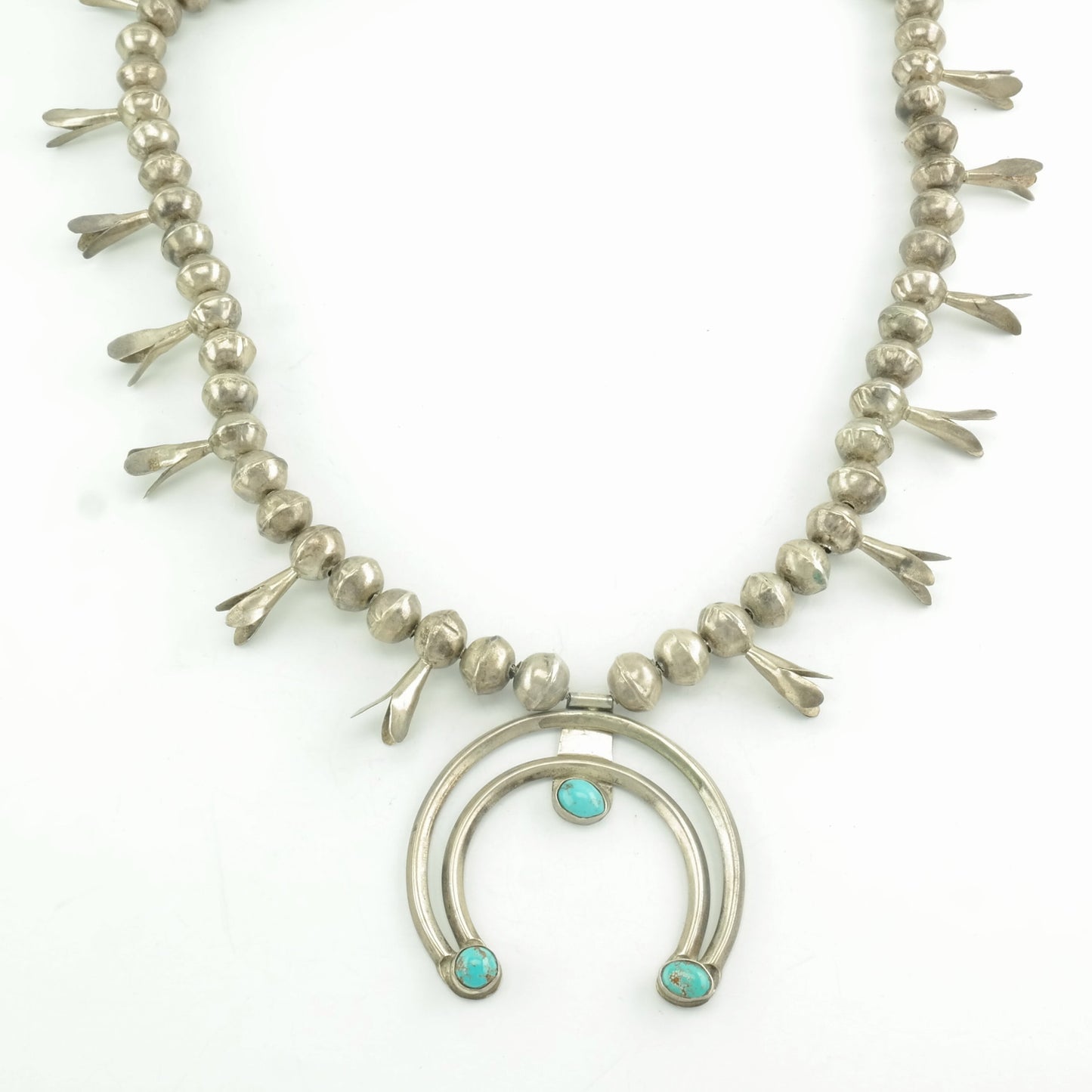 Vintage Native American Sterling Silver Turquoise Squash Blossom Necklace