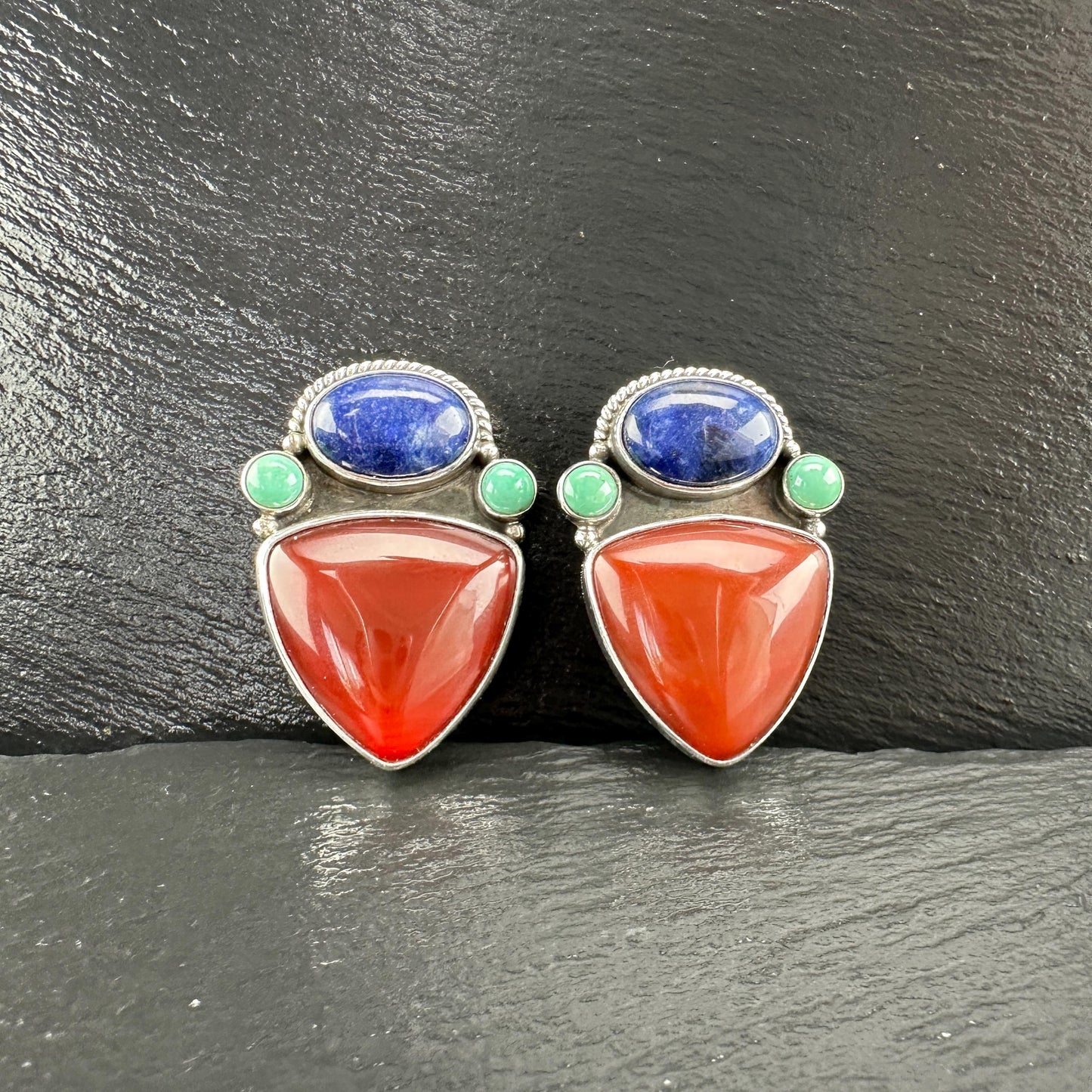 Vintage Turquoise, Sodalite Geometric Design Sterling Silver Clip-On Earrings