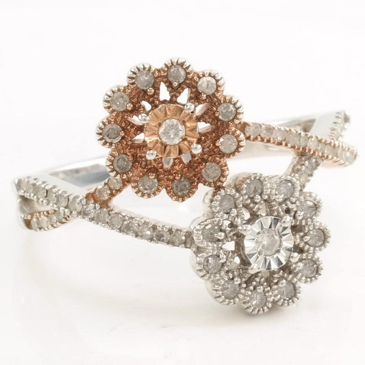 Vintage Sterling Silver Ring Diamond Flowers Rose Gold Plate Size 9