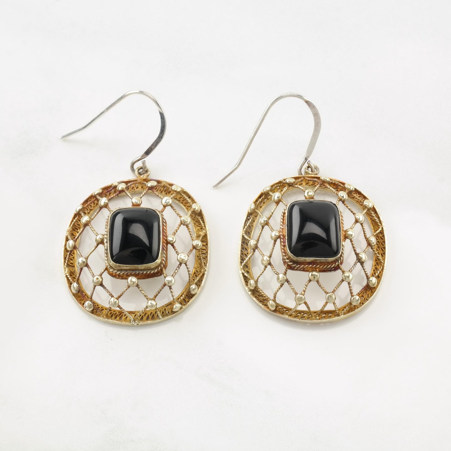 Vintage Black Onyx Gold Plated Net Sterling Silver Fish Hook Earrings