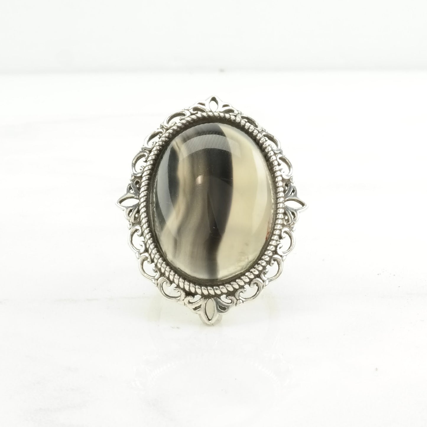 Vintage Sterling Silver Ring Agate Black, White Size 7
