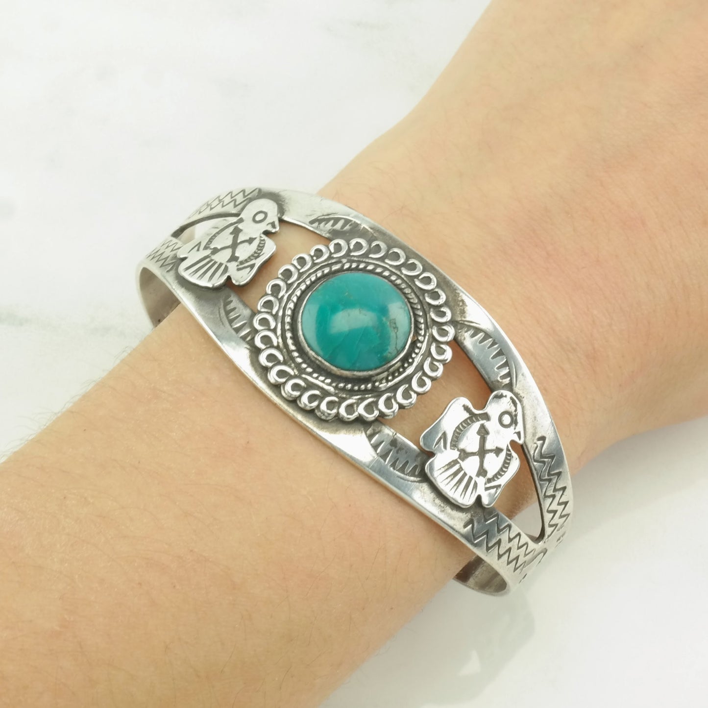 Fred Harvey Era Sterling Silver Cuff Bracelet | Turquoise Bird | Native American Jewelry