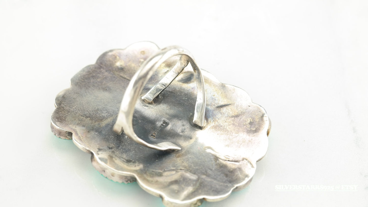 Vintage Native American Cluster Sterling Silver Ring Size 10 Blue Turquoise Shield
